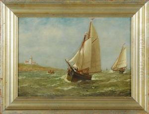 The Race, Depicting Two Ships Racing Off A Lighthouse Oil Painting by Wesley Webber