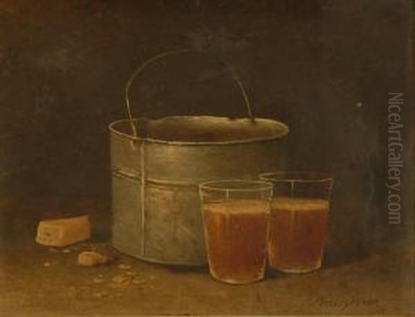 Still Life With Cups Of Cider, Cheese, And A Bucket Oil Painting by Wesley Webber