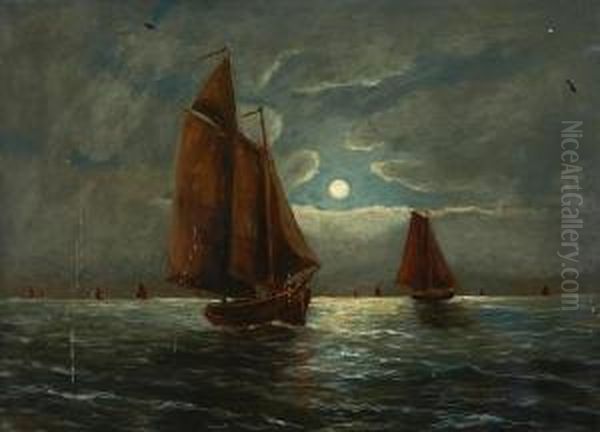 Boats In The Moonlight Oil Painting by Wesley Elbridge Webber