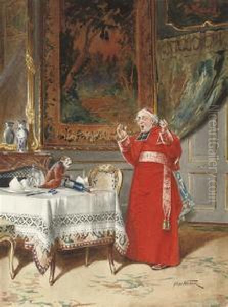 The Cardinal And The Cheeky Monkey Oil Painting by Alfred Weber