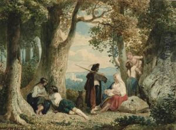 Rastende Bauern Im Baumschatten In Sudlicher Landschaft. Oil Painting by August Weber