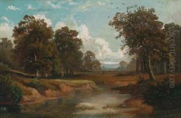 Wooded Landscape With A Stream Oil Painting by August Weber