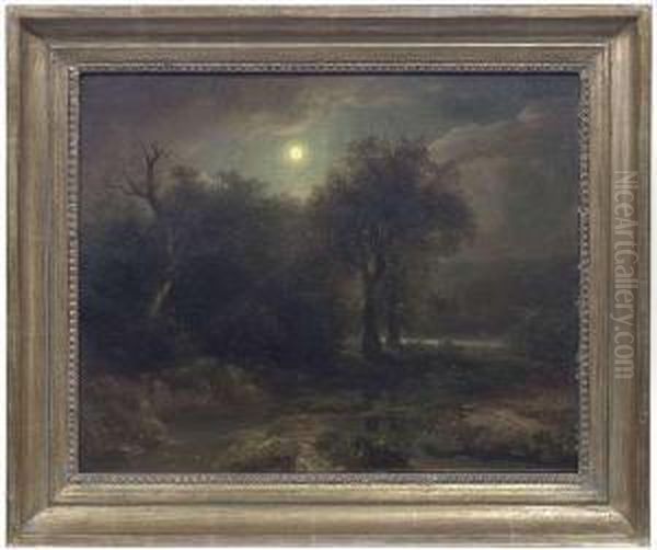 Nightly Landscapeat Moonlight Oil Painting by August Weber