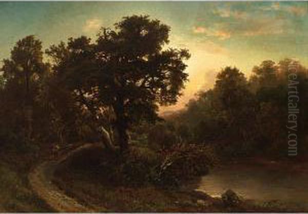 A Traveller In A Wooded Landscape Oil Painting by August Weber