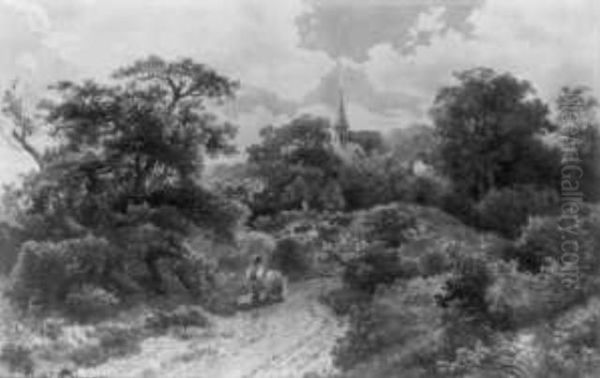 Bewaldete Landschaft Mit Reisigsammler Und Kirchturm Oil Painting by August Weber