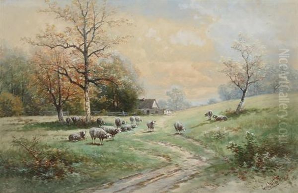 Sheep In Hilly Spring Landscape Oil Painting by Carl Weber