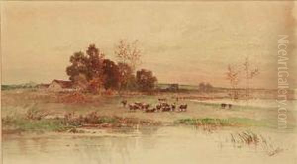 Pastoral Landscape With Cows Oil Painting by Carl Weber