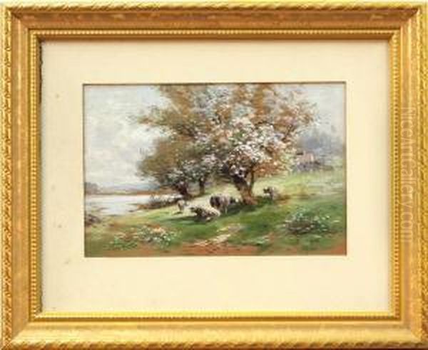 Autumn Landscape And Spring Landscape With Cows Oil Painting by Carl Weber