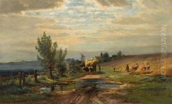 Rural Landscape With Hay Wagon Oil Painting by Carl Philipp Weber