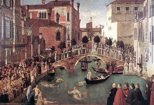 Miracle of the True Cross near San Lorenzo Bridge (Miracolo della croce) Oil Painting by Gentile Bellini