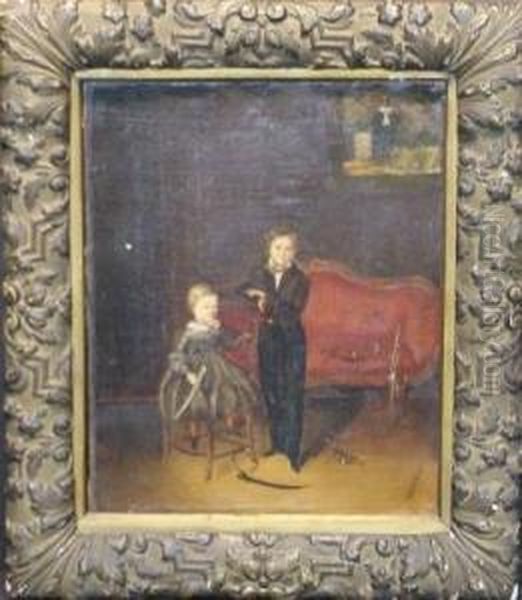 Two Children In An Interior Oil Painting by I.G. Weber