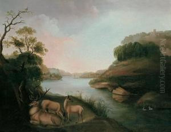 Flusslandschaft Mit Hirschen Oil Painting by Johann Ludwig Weber