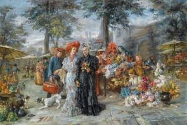 Blumenmarkt In Munchen Oil Painting by Marie Philips Weber