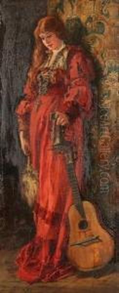 Girl In Venetian Red,
 Signed Lower Right Oil Painting by Marie Philips Weber