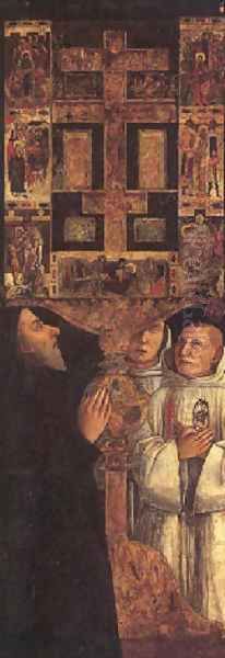 Cardinal Bessarion attended by the two brothers of the Scuola della Carita in prayer with the Bessarion reliquary (tabernacle door) Oil Painting by Gentile Bellini