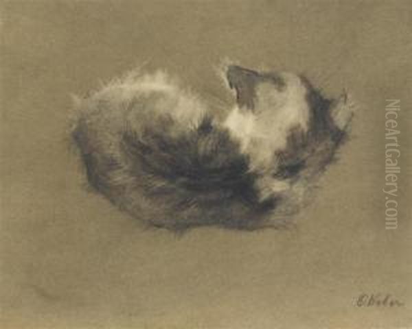 A Kitten Lying Down Viewed From The Back. Oil Painting by Otto Weber