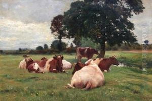 Landscape And Cattle Oil Painting by Otto Weber