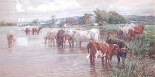 Cattle Watering The River Oil Painting by Otto Weber