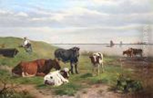 Herdsman And Cattle Watering By An Estuary Oil Painting by Otto Weber