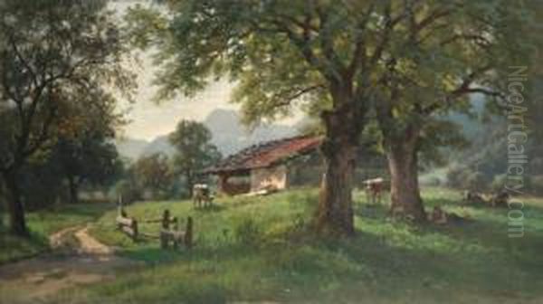 Sonnenbeschienene Almwiese Mit Kuhen Und Hirte Im Schatten Der Baume Ruhend Oil Painting by Paul Weber