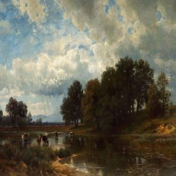 Summer Landscape With Cows At A Stream Oil Painting by Paul Weber