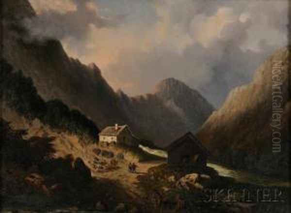 Cottage And Barn By A Mountain Stream. Oil Painting by Paul Gottlieb Weber