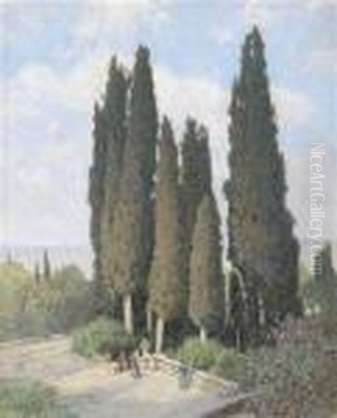 Amotif From Villa D'este Near Rome Oil Painting by Rudolf Weber