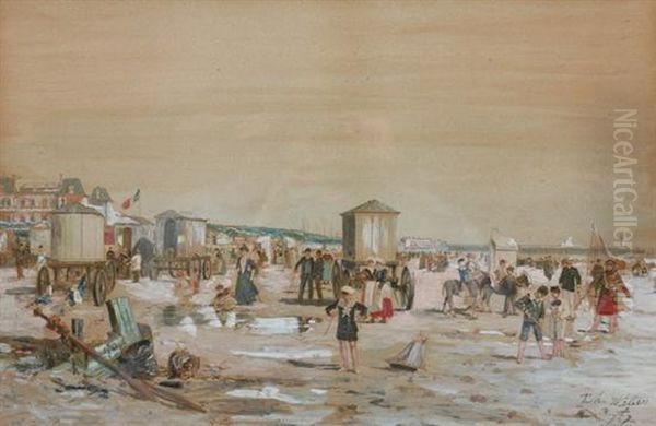 Beach Scene, French Coastal Resort Oil Painting by Theodor Alexander Weber