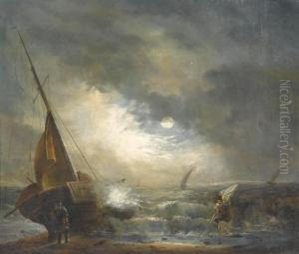 Ships On A Stormy Sea Oil Painting by Theodor Alexander Weber