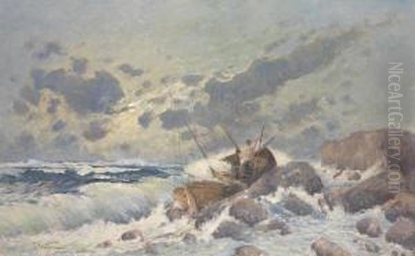 Fischerbootscheitert In Der Brandung Oil Painting by Theodor Alexander Weber