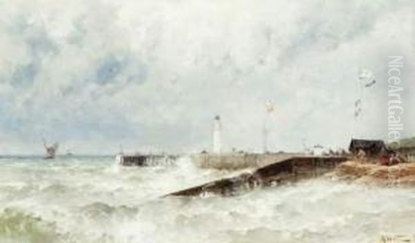 Staketsel En Vuurtoren Bij Woelige Zee Oil Painting by Theodor Alexander Weber