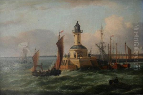 Ramsgate: Vessels Off The Lighthouse; Vessels In The Harbour Oil Painting by George Webster