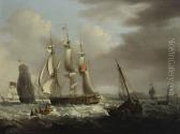 A Frigate Of The Red Squadron Off A Coast Oil Painting by George Webster