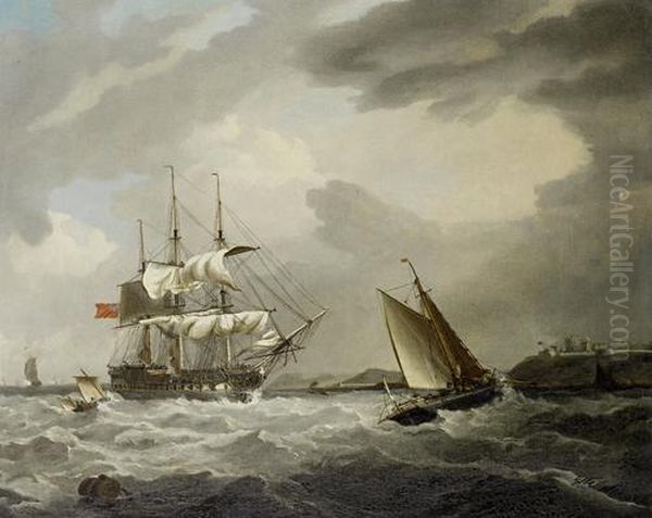 A '74' Of The Royal Navy Heaving-to In St. Mawes Harbour Oil Painting by George Webster