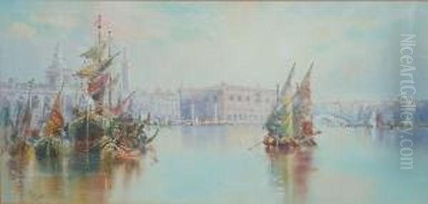 Venice: Boats Before The Riva Degli Schiavoni Oil Painting by R. Wellesley Webster