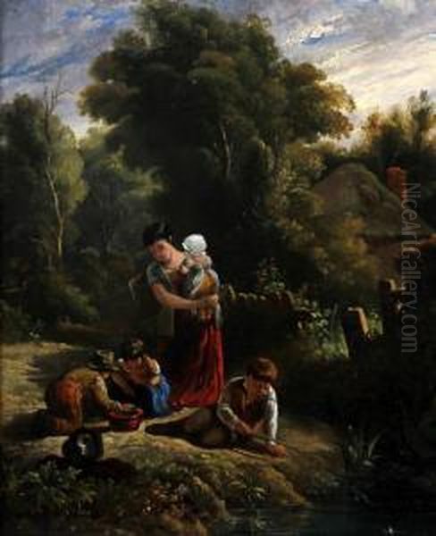 The Cottagers Family By A Pond Oil Painting by Thomas Webster