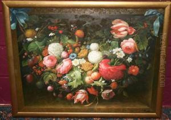 Still Life Study Of A Swag Of Flowers And Fruit Oil Painting by Thomas Webster