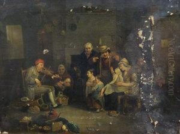 An Family By The Fire With Man Playing The Violin Oil Painting by Thomas Webster