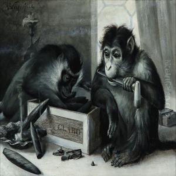 Apes Making Fun With Cigars Oil Painting by Alfred Weczerzick