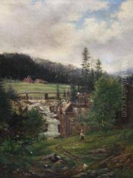 Figure By Cottages By A Forest Clearing With Woodland And Mountains Beyond Oil Painting by Herman Wedel-Anker