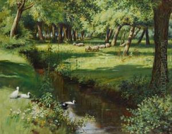 Ducks On A Stream Oil Painting by Augustus Watford Weedon