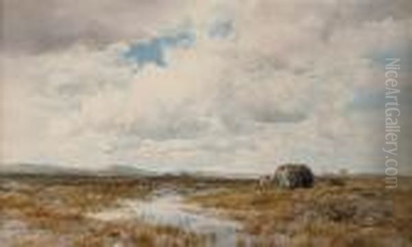 Peat Cutters In An Extensive Irish Landscape Oil Painting by Augustus Watford Weedon