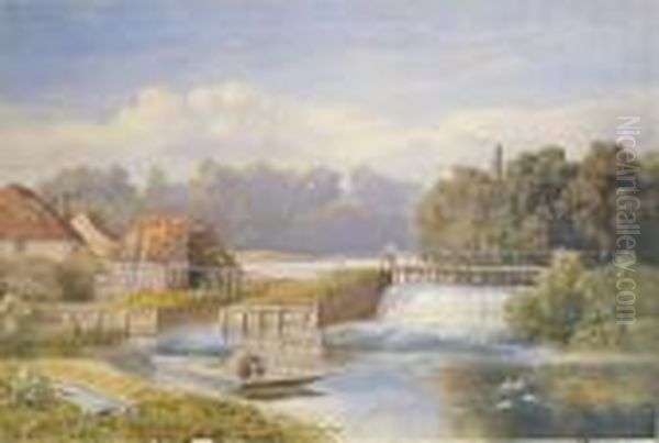 A Man By A Weir Near A Cottage, A Woman In A Punt On The River Oil Painting by Augustus Watford Weedon