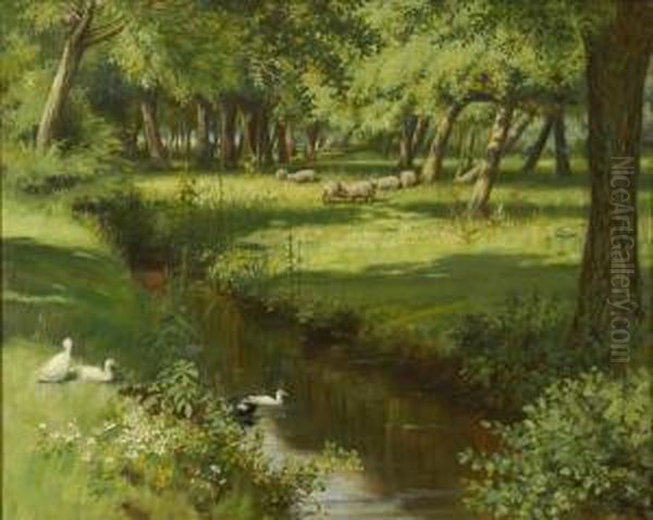 Sheep Grazing Near A Stream Oil Painting by Augustus Watford Weedon