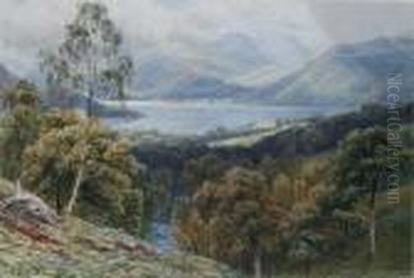 A Wooded Lakeside Scene With River Andmountains Beyond Oil Painting by Augustus Watford Weedon