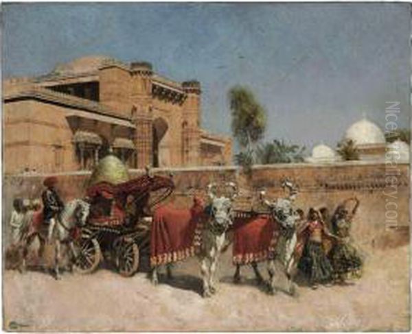 A Wedding Procession Before A Palace In Rajasthan Oil Painting by Edwin Lord Weeks