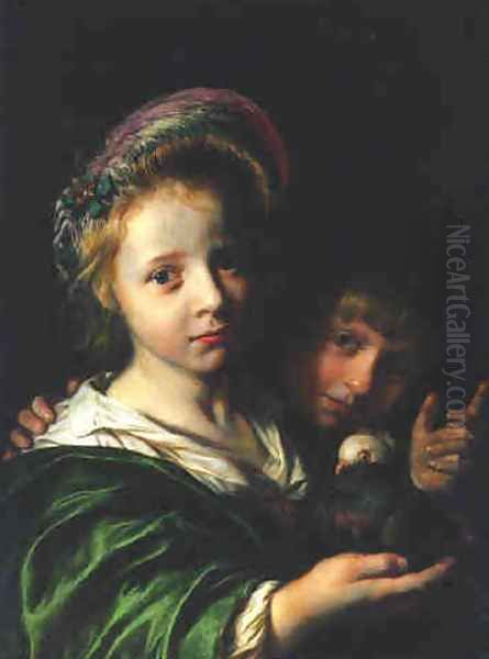 A girl holding a pigeon and a boy gesturing 1652 Oil Painting by Jan De Bray