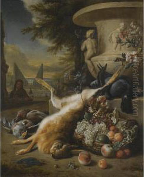 A Still Life Of Game Birds, Grouse, A Hare And A Kingfisher, With A Basket Of Fruit At The Foot Of A Stone Urn, An Ornamental Garden With A Fountain Beyond Oil Painting by Jan Weenix