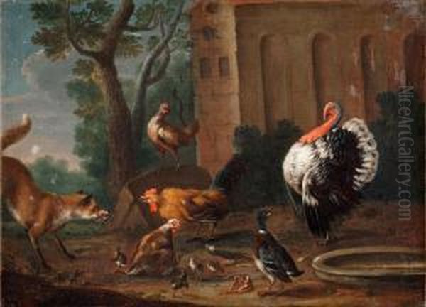 Fox In The Chicken Farm Oil Painting by Jan Weenix