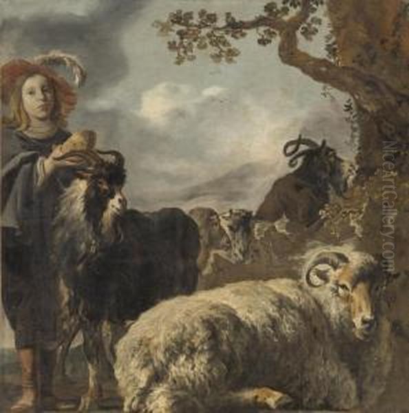 Shepherd Boy With Sheep And Goats Oil Painting by Jan Baptist Weenix